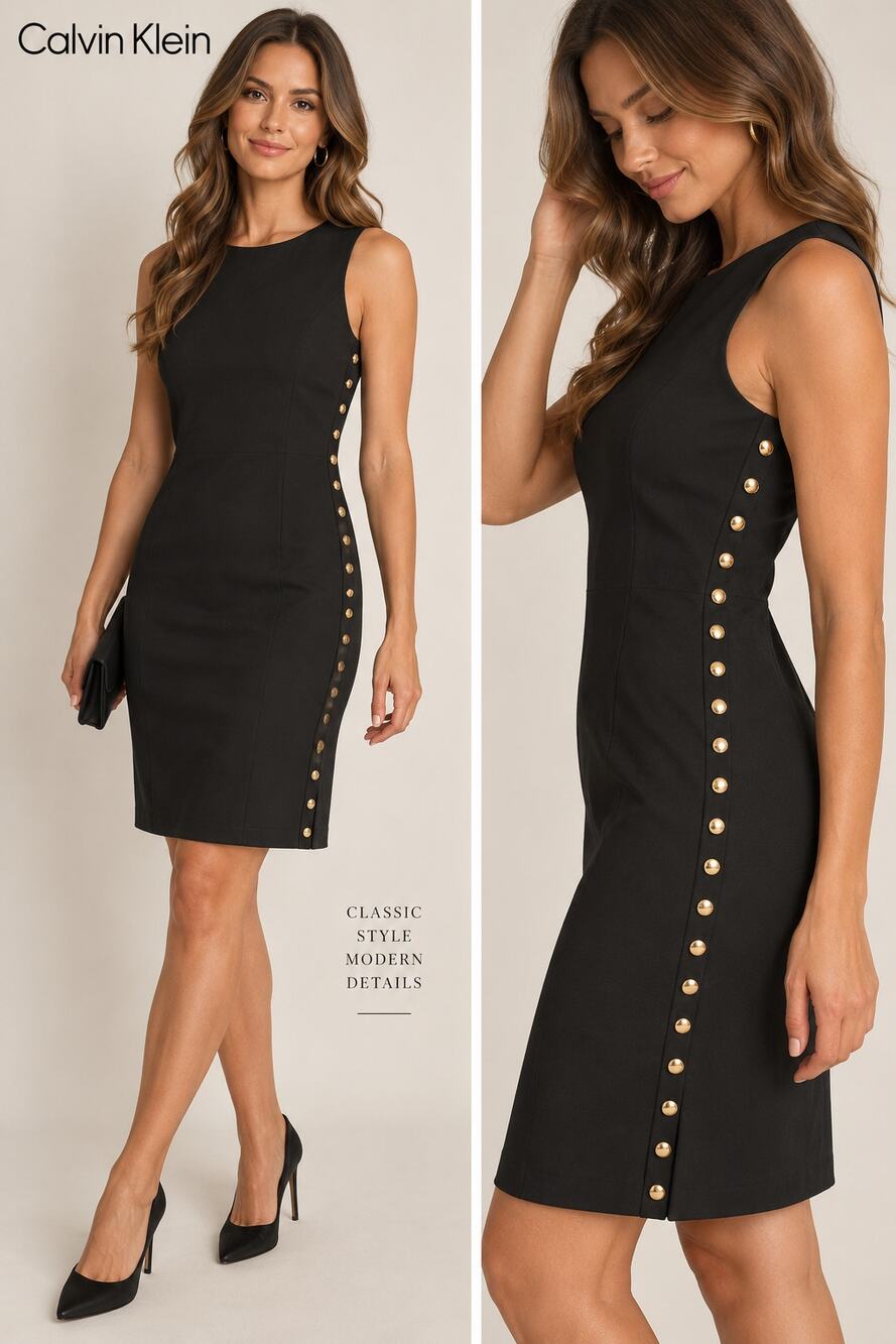 Calvin Klein Black Sheath Dress Gold Button Side Size 6 Sleeveless Career